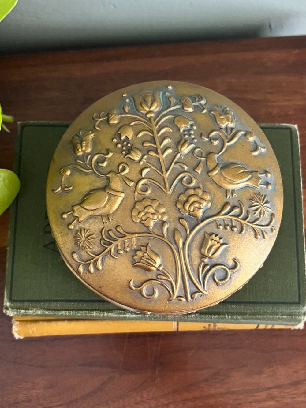 Vintage Gold Ceramic Lidded Box Scandinavian Style Bird Floral Trinket Dish